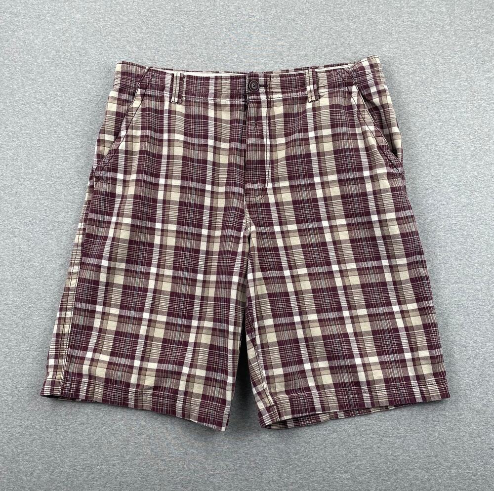 Y2K Aeropostale Shorts Mens 38 Red Tan Plaid Baggy Preppy Casual 100% Cotton